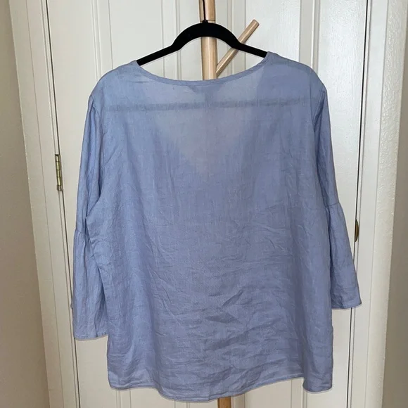 Linen Bell Sleeve Blue Blouse - Picture 5 of 8
